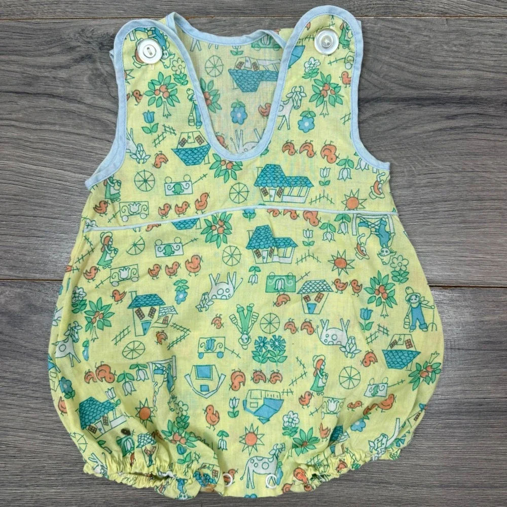 Vintage Baby Romper Farm Animal Print Yellow Cotton One‑Piece 3–6M Cottagecore